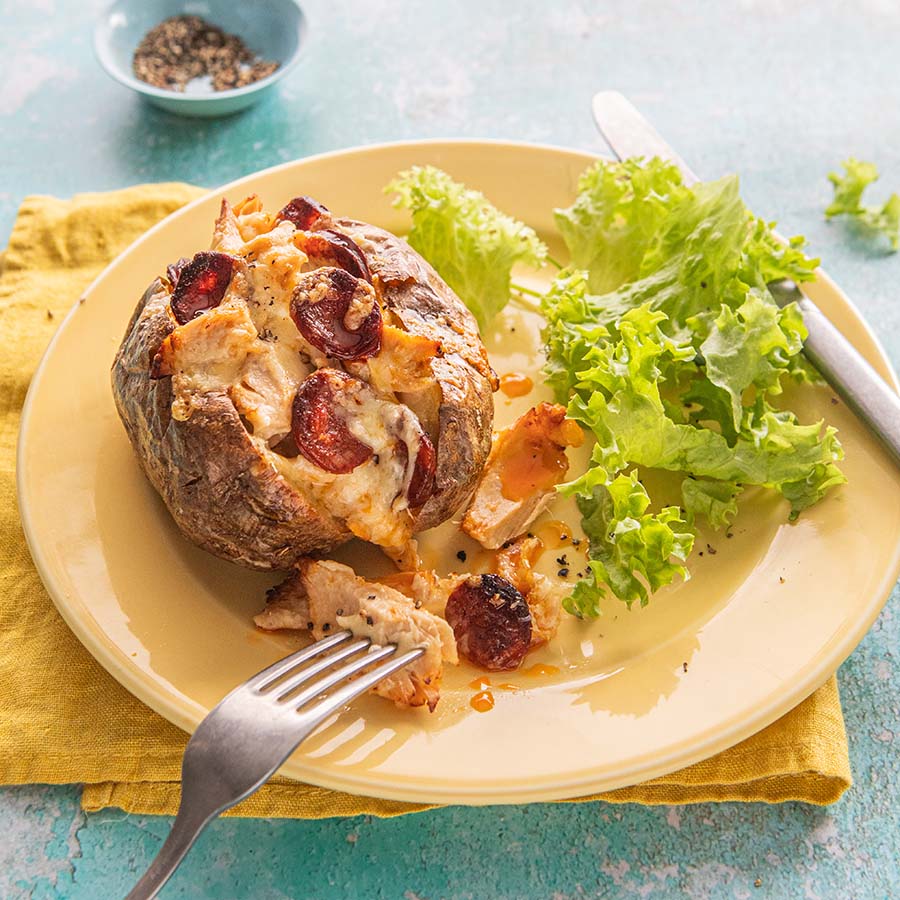 Air fryer Tuna & Chorizo Baked Potato