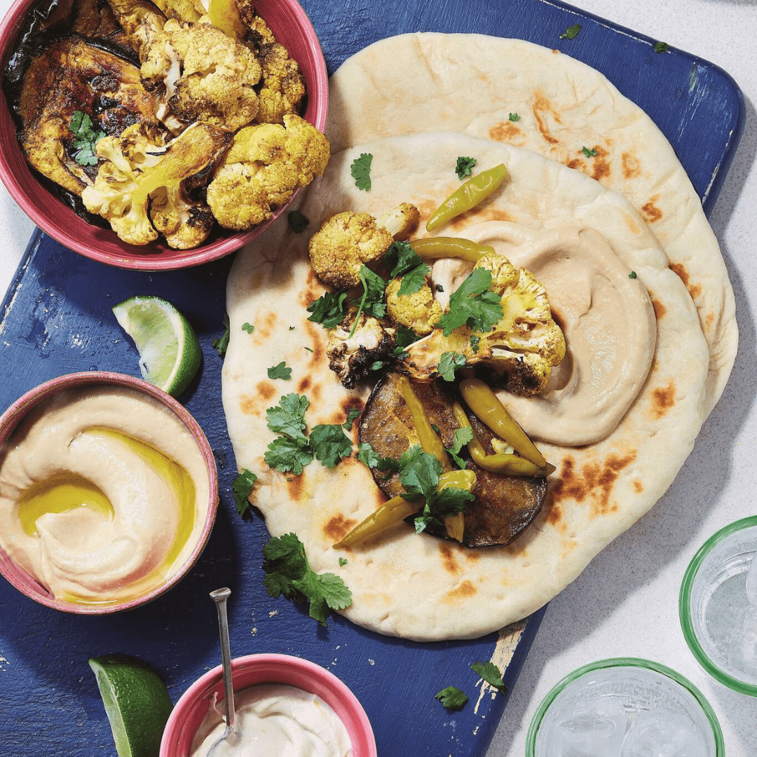 Air Fryer Cauliflower & Aubergine Flatbreads with a Lime Yogurt