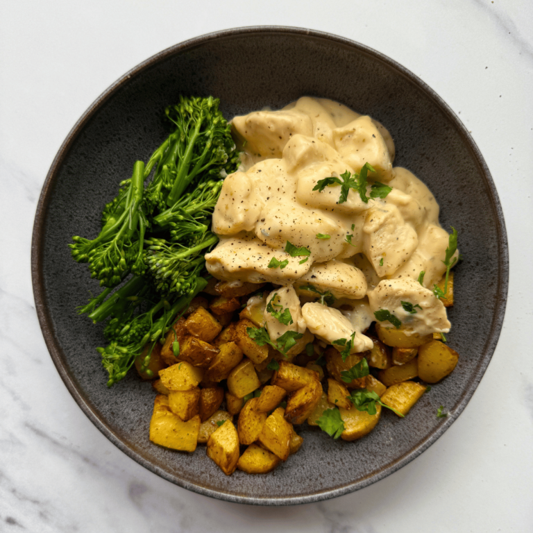 Alfredo with Air Fryer Cubed Potatoes
